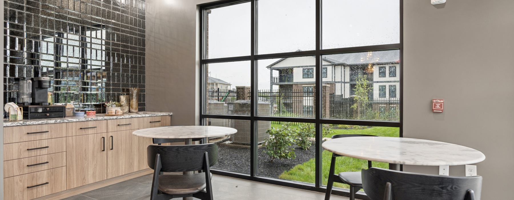 coffee bar and views out outside a large window