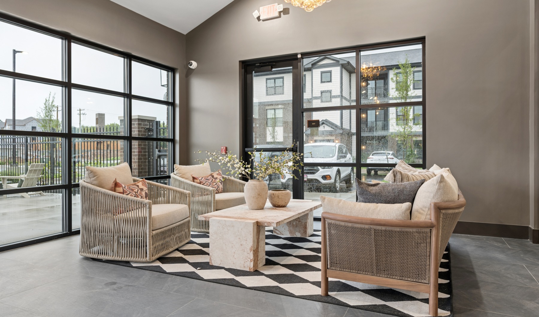 Tan furniture in the leasing office